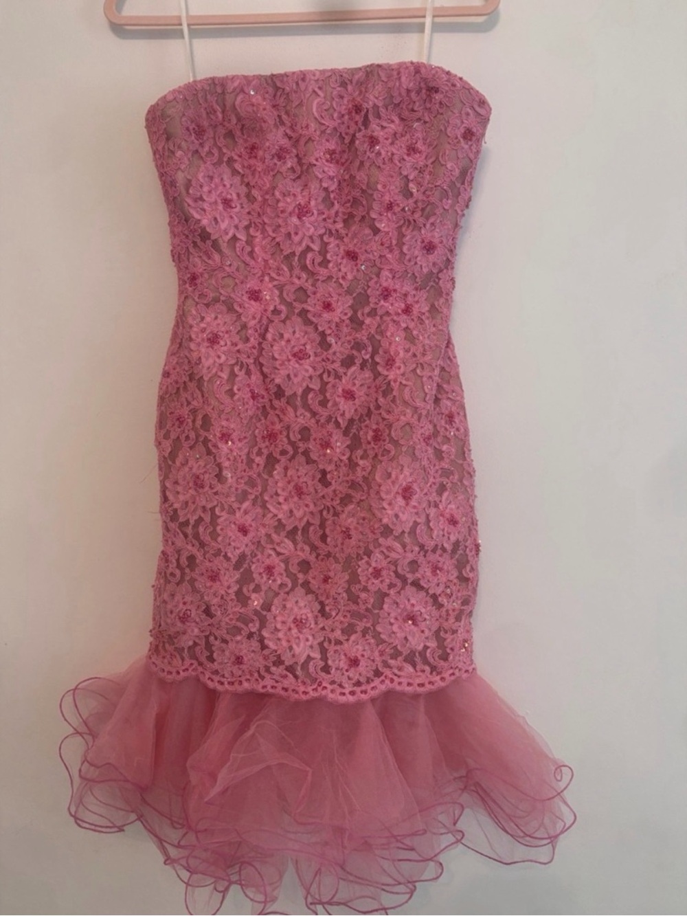 Vintage Jovani Pink Lace Strapless Party Dress with Ruffle Hem
